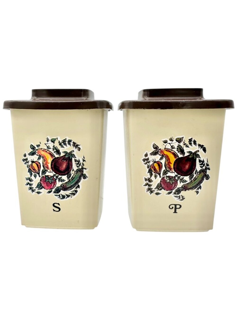 Vtg Plastic Salt and Pepper Shakers Fruit Design Brown Lids Mid-Century Decor 4"